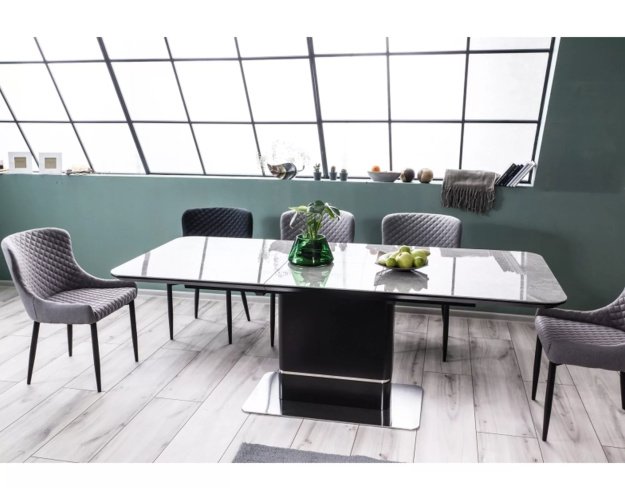 Stalas keramikinis PAL CERAMIC, pilkas marmuras/juoda 160–210×90 cm