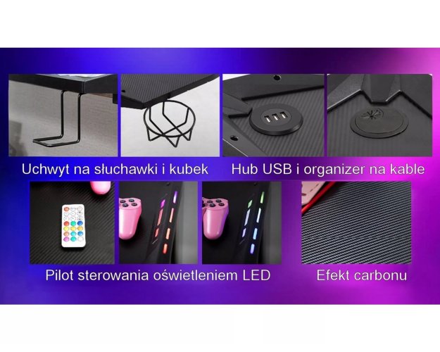 Darbo stalas su LED apšvietimu, puodelio ir ausinių laikikliais