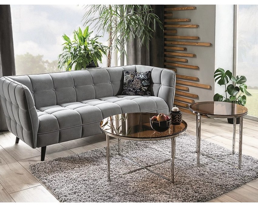 Aksominė dvinė sofa (pilka, medžio detalės) – Bluvel 14, Wenge