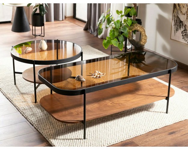 Žurnalinis staliukas su gintariniu stiklu – riešutas/juoda
