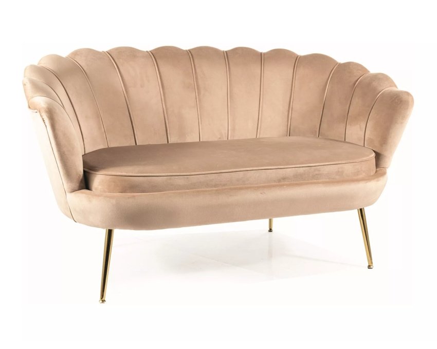 Aksominė 2 vietų sofa – smėlio Bluvel, metalinis auksinis rėmas