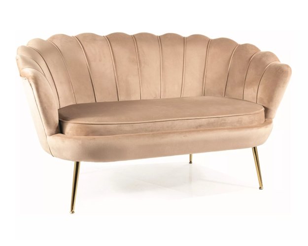 Aksominė 2 vietų sofa – smėlio Bluvel, metalinis auksinis rėmas