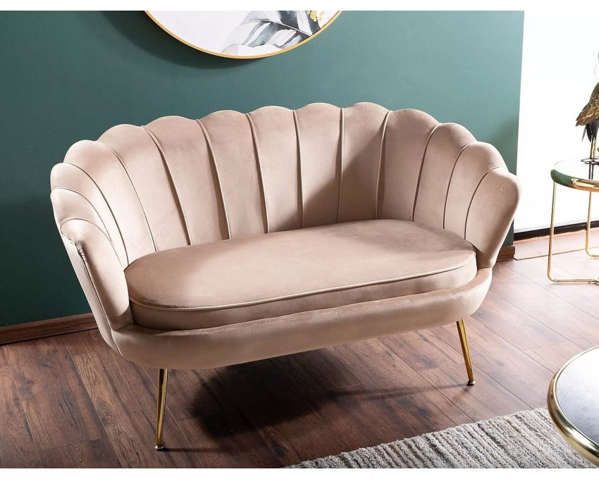 Aksominė 2 vietų sofa – smėlio Bluvel, metalinis auksinis rėmas