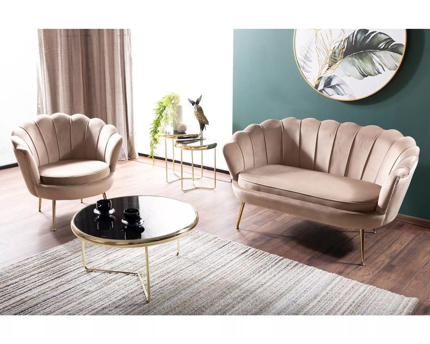 Aksominė 2 vietų sofa – smėlio Bluvel, metalinis auksinis rėmas