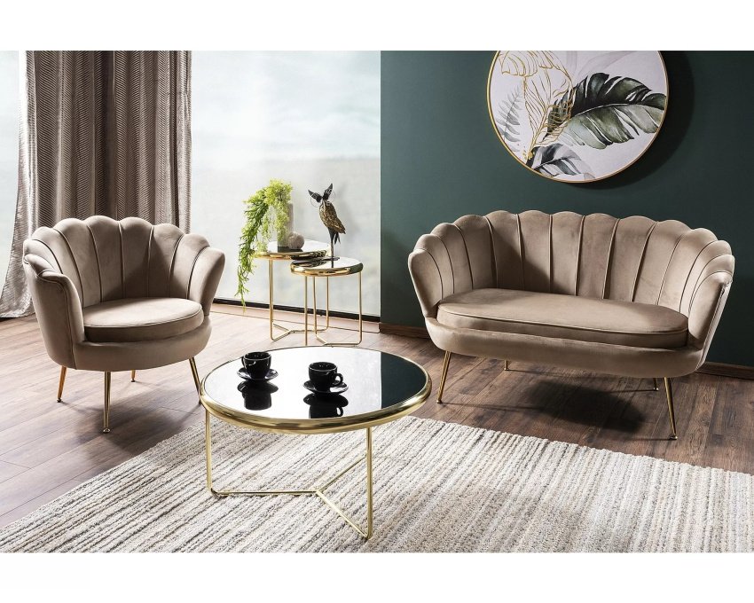 Aksominė 2 vietų sofa – smėlio Bluvel, metalinis auksinis rėmas