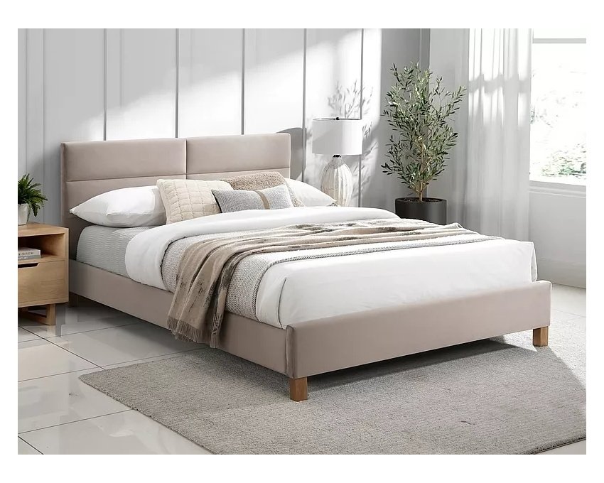 Aksominė lova Bluvel 140x200 – smėlio / ąžuolas | Lovos