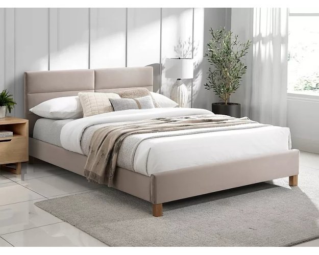 Aksominė lova Bluvel 140x200 – smėlio / ąžuolas | Lovos