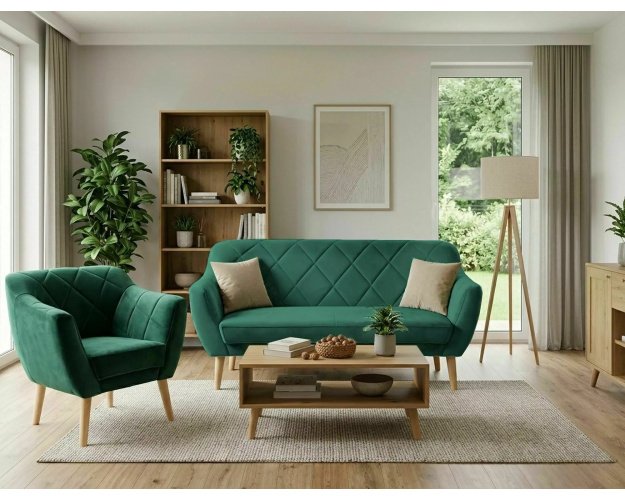 Sofa iš aksominio audinio su ąžuolo atspalvio rėmu – Bluvel 78 žalia 2